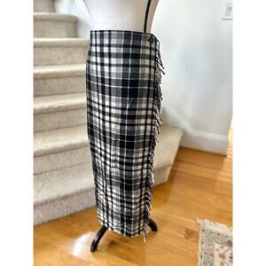Vintage Wool Black & White Plaid Fringe Wrap Maxi Kilt Pencil Skirt